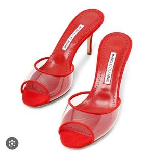 Manolo Blahnik Jadifa 70mm PVC and red suede mules